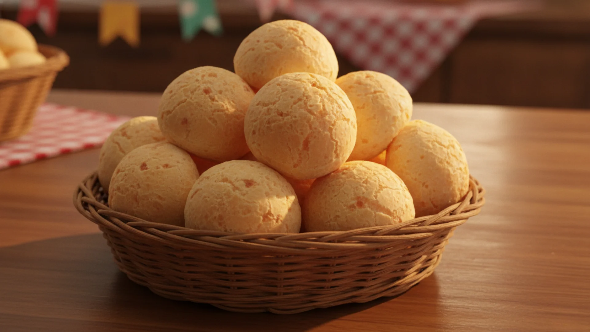 Pão de queijo congelado Ouro Mineiro em cesta rústica no balcão com toalha xadrez e bandeirinhas coloridas ao fundo