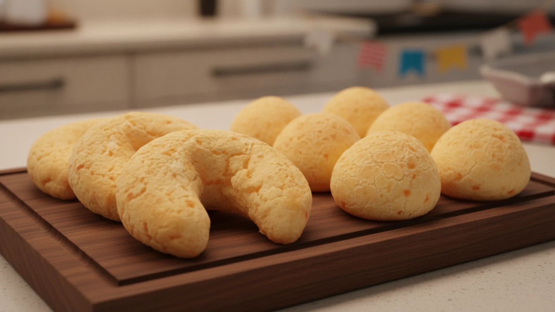 Pão de queijo e chipa Ouro Mineiro em tábua de madeira com decoração julina ao fundo