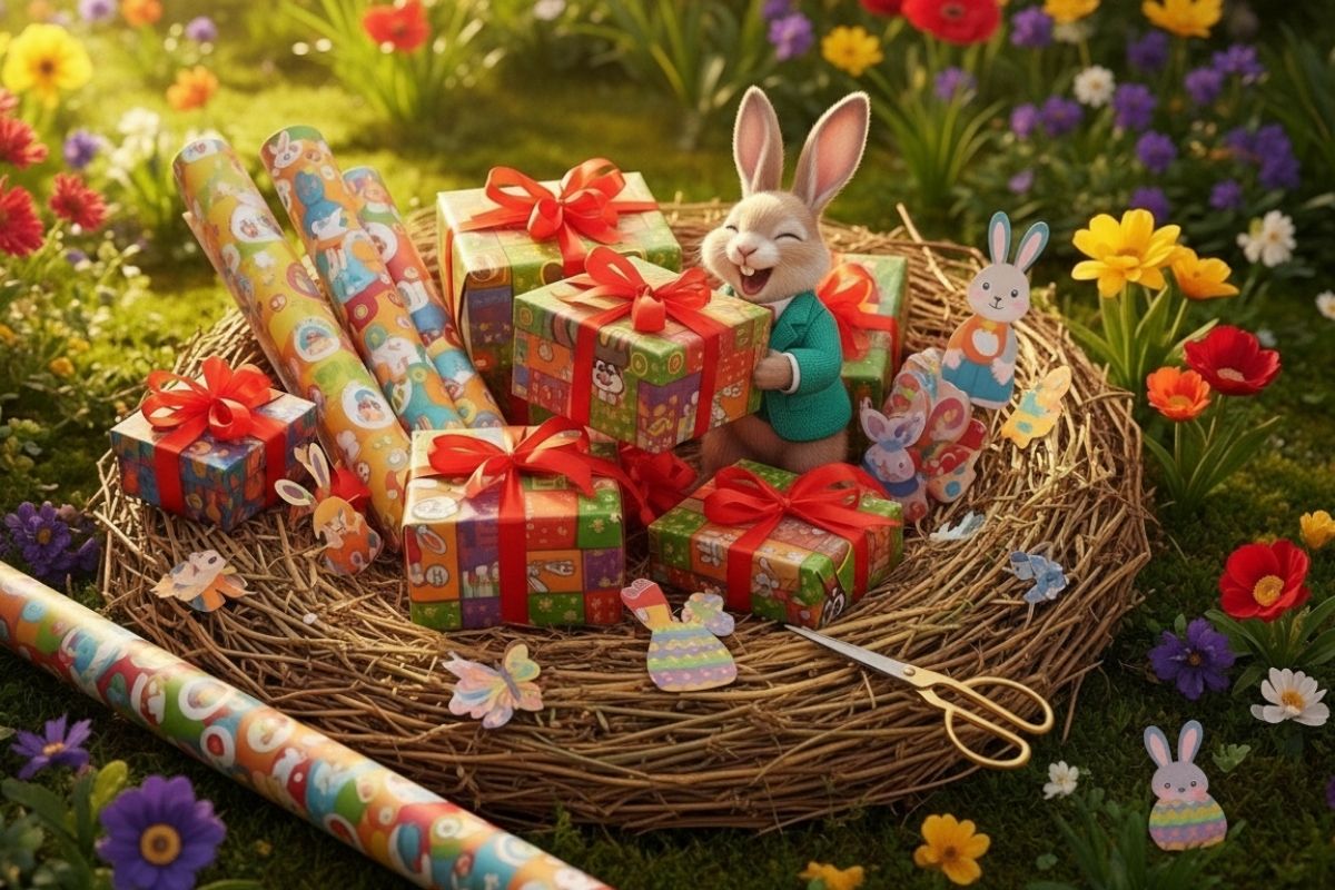 Diversas caixas de presentes embaladas com papéis temáticos da Gessele e laços vermelhos, cercadas por flores e rolos de papel.