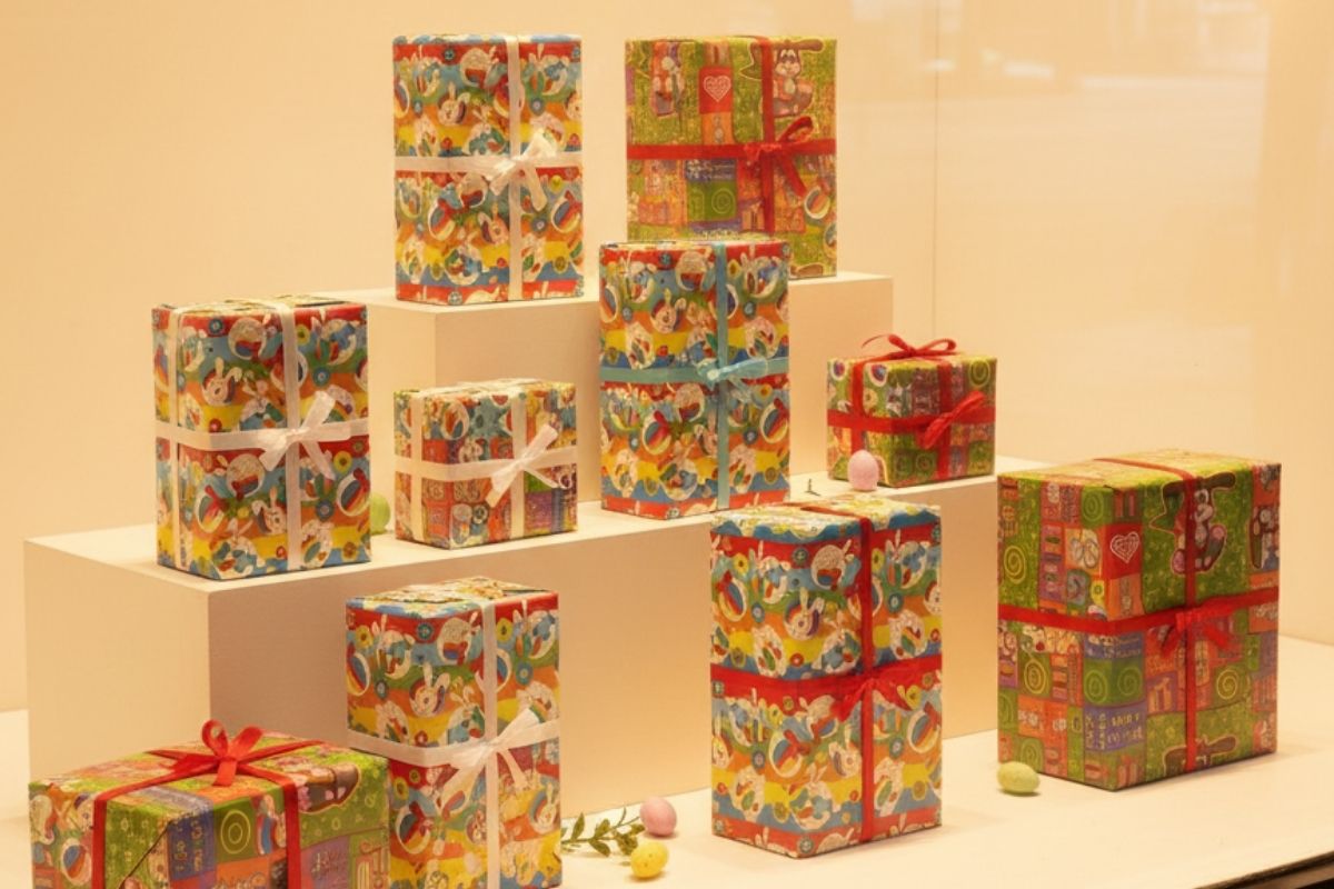 Exposição de vitrine com caixas de diferentes tamanhos embaladas com temas de Páscoa em suportes brancos.